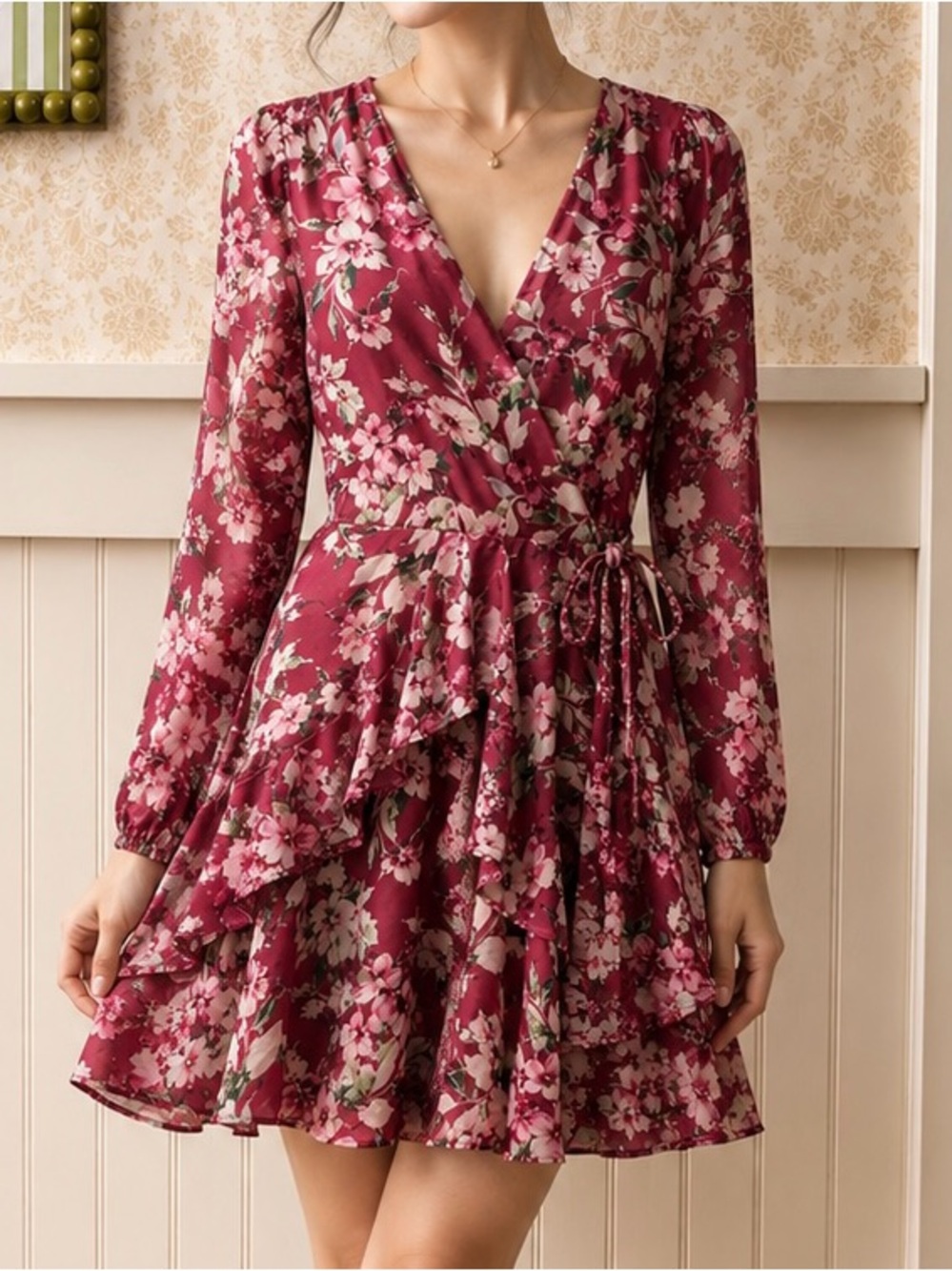 Mi Ami Floral Wrap Mini Dress in Burgundy and Cream